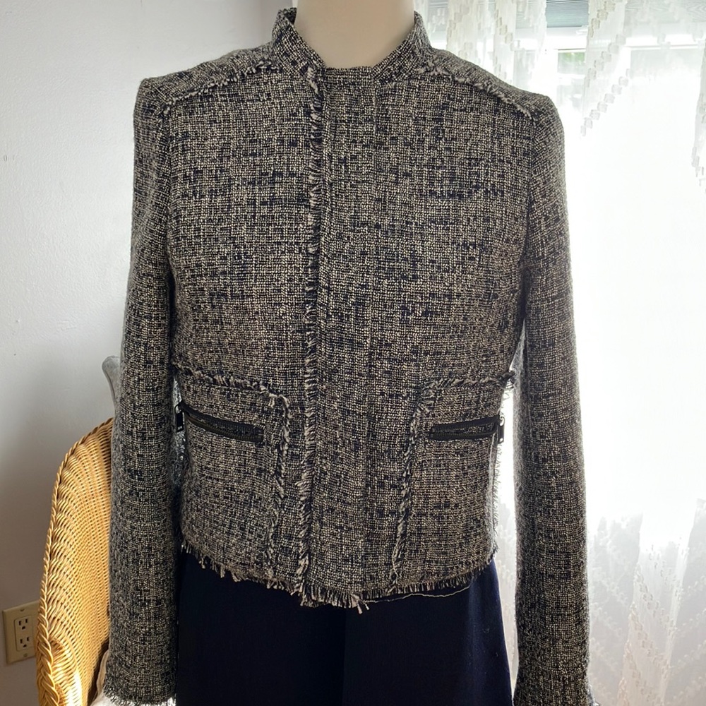 Banana Republic structured jacket navy tweed fringe zipper coat blazer 6